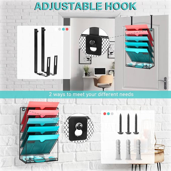 GALASALA Wall File Organizer, 6 Pockets Mesh Hanging File Organizer, Wall Mount File Holder With Hooks, Wall Organizer Magazine Rack for Office Supplies, Black