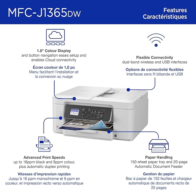 Brother INKvestment 1365 Wireless Color Inkjet All-in-One Printer with Automatic Duplex Printing and 1.8” Color Display | Includes Refresh Subscription Trial(1) (MFC-J1365DW)