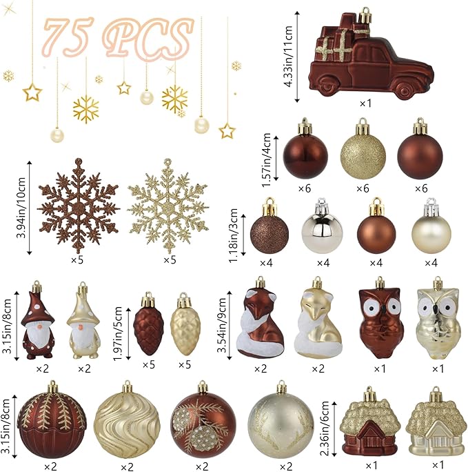 75PCS Brown and Gold Christmas Ornaments Set, Shatterproof Autumn Christmas Tree Ornaments, Assorted Hanging Ball Ornaments for Xmas Trees, Holiday, Thanksgiving, Party Decor(Brown & Gold)