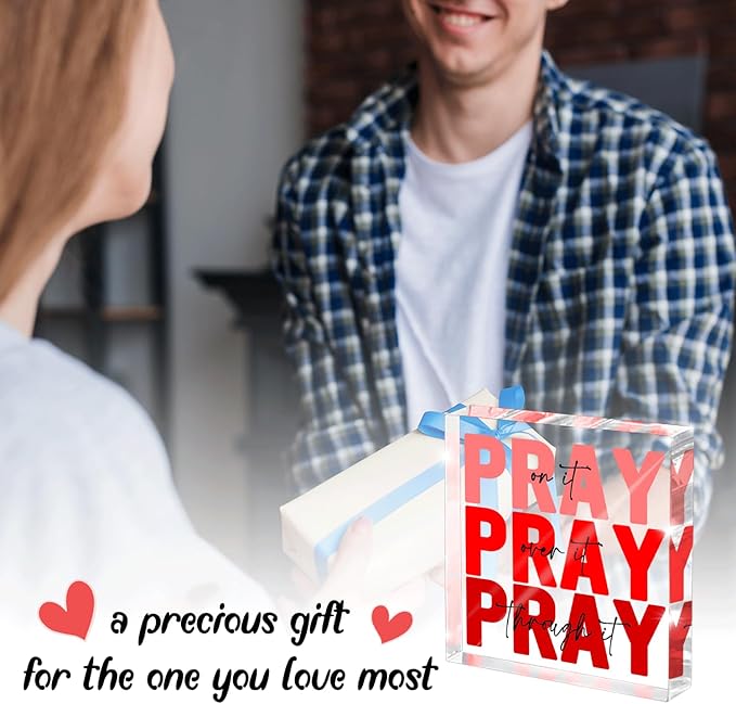Red Dorm Room Decor for Women, Ideal Christian Gifts for Women - Pray On It,Pray Over It - Bible Verse Desk Art, Inspirational Decor, Desk Decorations for Office, 4 x 4 inches（Red）