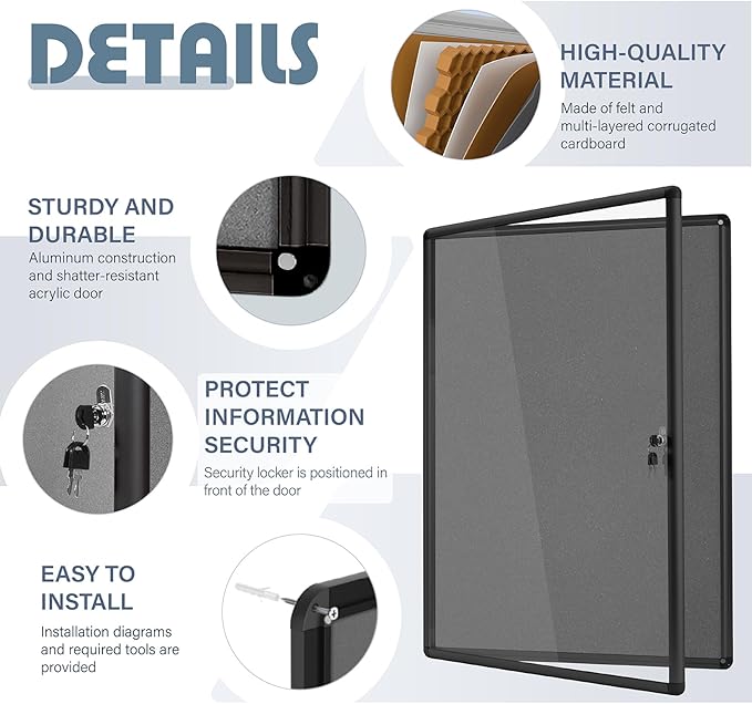 Enclosed Bulletin Board Lockable Display Case Message Board with Locking Door for Indoor, Grey Felt, Black Aluminum Frame, 38 X 28 in