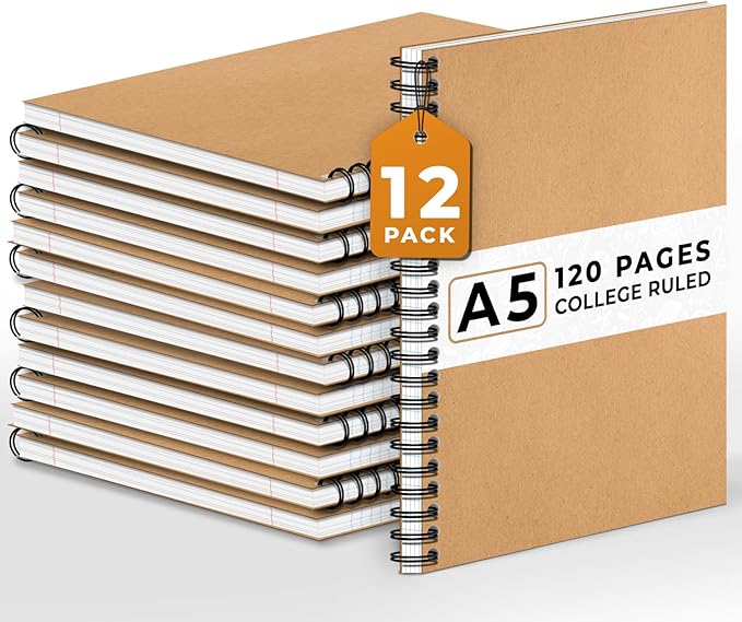 12 Pack Lined Journal Spiral Notebook College Ruled, 5.8 x 8.3, 120 Pages (60 Sheets), 100 GSM Thick Paper Notebooks, Daily Writing Journals for Men and Women, Work, Office & School Supplies