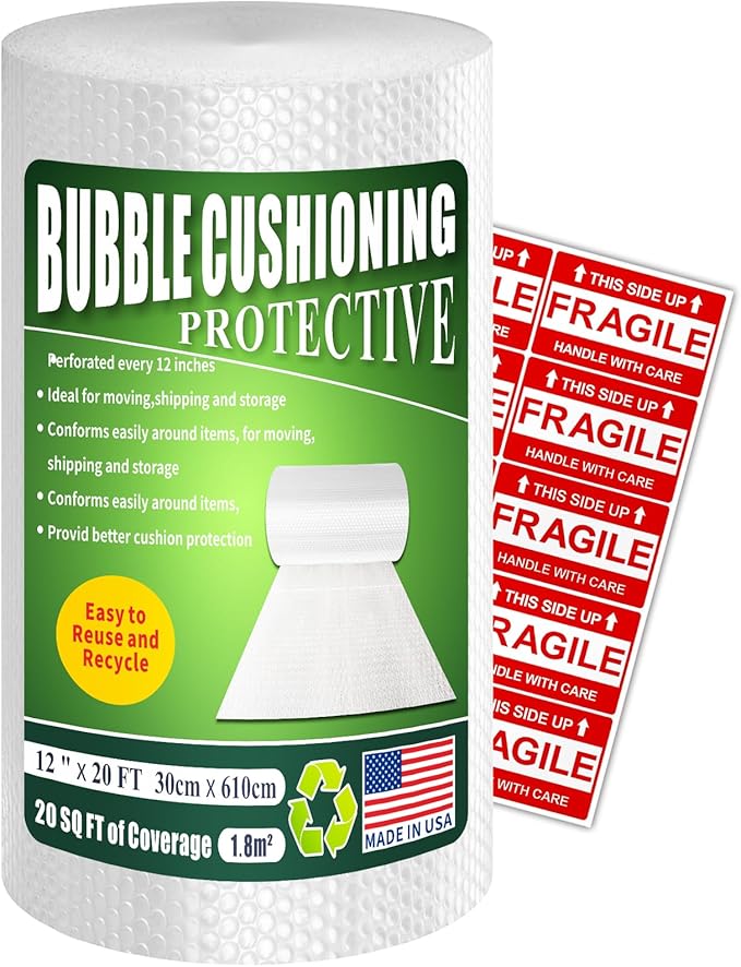 A&A Heavy-Duty Bubble Wrap Cushioning Roll – 12”x20’ Perforated Every 12”, Tear-Resistant Packing Wrap for Moving, Shipping & Storage Made in USA