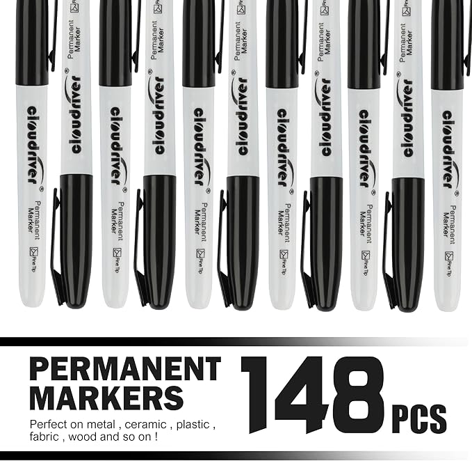 cloudriver Permanent Markers, 148 Pack Black Permanent Markers Set, Fine Point, Bulk Permant Markers Work on Wood, Plastic, Metal, Stone, Glass
