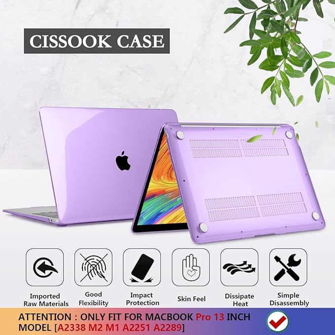 CISSOOK Cover for MacBook Pro 13 Inch Case Purple 2025-2020 Release A2251 A2289 A2338 with Touch Bar, Plastic Hard Shell Case with Keyboard Cover for Pro 13 M1 M2 - Purple