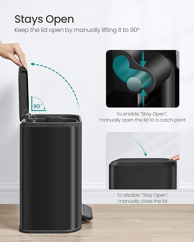 SONGMICS Kitchen Trash Can, 5.2-Gallon (20L) Garbage Can with Lid, Stainless Steel, Soft Close and Stays Open, Inner Bucket, Wide Non-Slip Pedal, Ink Black ULTB542B20