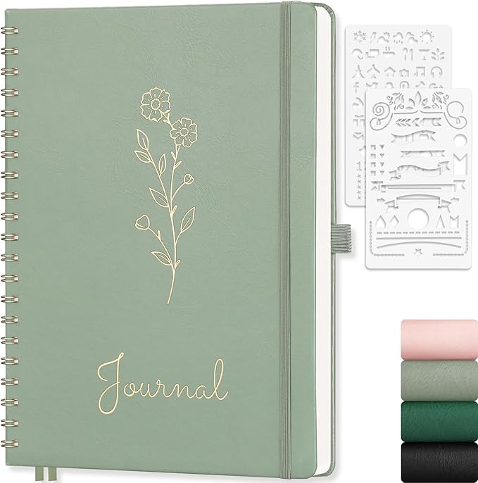 EMSHOI Bullet Dotted Journal - Dot Grid Spiral Notebook 8.5" x 11", A4 Large Dotted Notebook, 100 GSM Thick Paper, PU Leather Hardcover Journals for Bullet Journaling, Sketching, Light Green