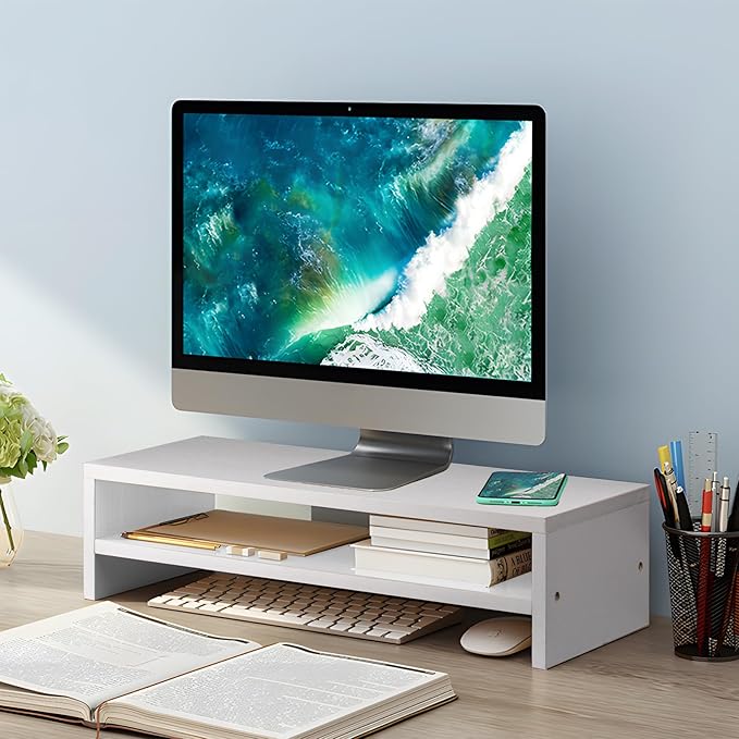 Monitor Stand Riser, 2 Tier Computer Stand, Desk Organizers and Accessories, Desktop Shelf with Storage for TV Screen PC Printer (White-18.9inch)