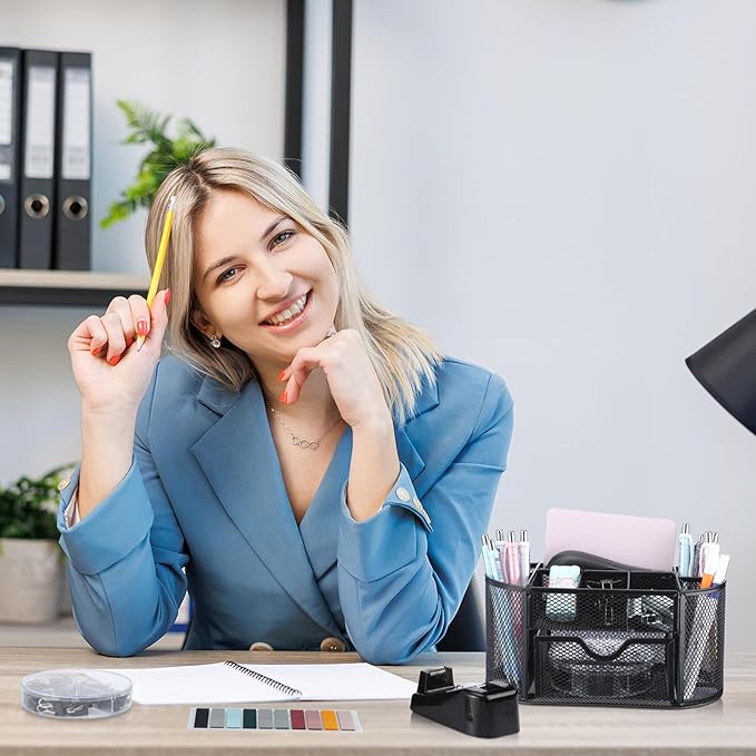 Black Office Desk Accessories Supplies Desk Organizer and Accessories with Mesh Desktop Organizer Stapler 1000 Staples Tape Dispenser Staple Remover Clips Scissors Gifts for Office Clerk