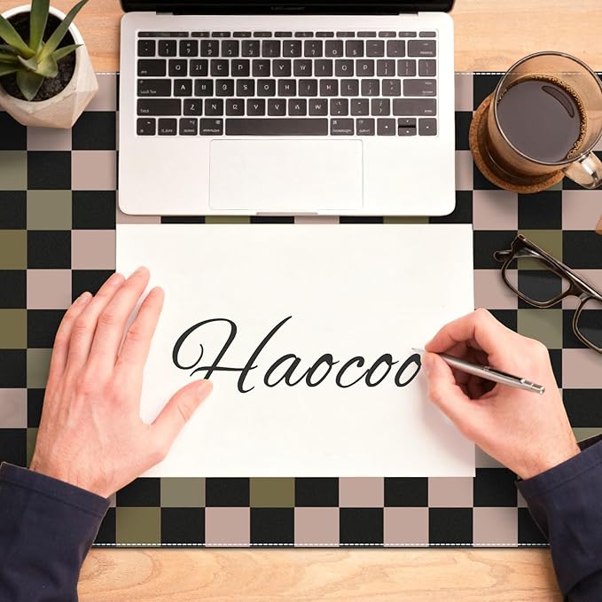 HAOCOO Checkered Desk Mat, Non-Slip Mouse Pads for Desk, Waterproof Desk Matt for Desktop, Stitched Edge Leather Desk Pad, 35.4" x 15.7" Keyboard and Mouse Pad, Non-Slip Desk Protector Work from Home