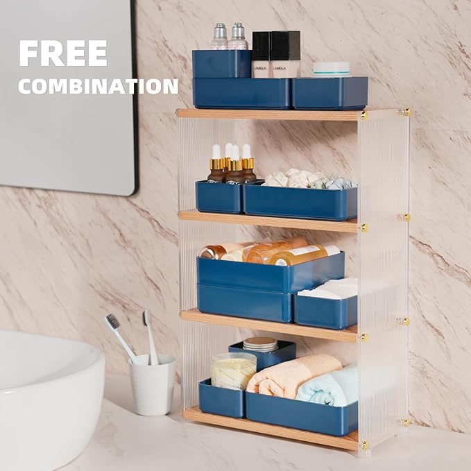 CHANCETSUI 11-Piece Stackable Drawer Organizer Set, Multi-size Desk Drawer Organizer Trays Vanity Storage Bins for Storing Makeup, Stationery, Utensils in Bathroom Dresser, Office and Kitchen