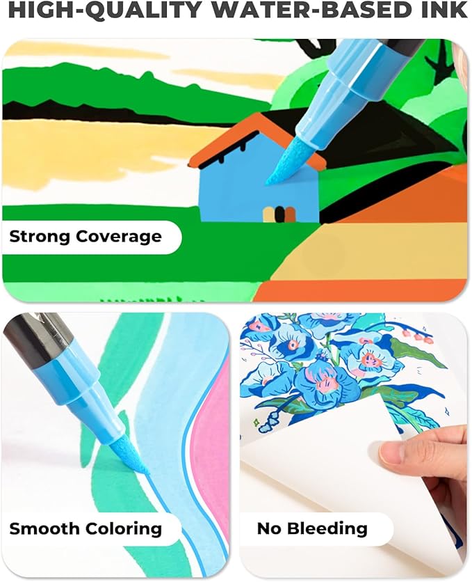 JusArt 36 Colors Acrylic Paint Markers Set With Bag, Dual Tip with Brush Tip and Fine Tip Paint Pens for Rock Painting, Wood, Egg, Canvas, Glass, Stone, Ceramic, DIY Crafts Professional Art Supplies