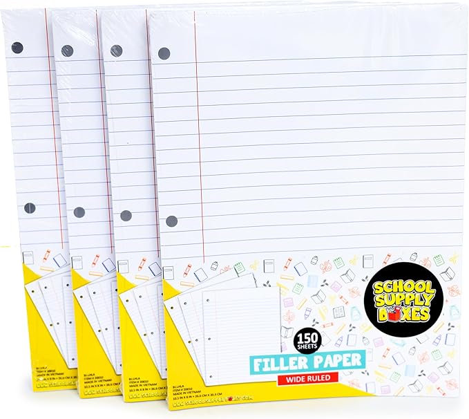 School Supply Boxes | Wide-Ruled Loose Leaf Paper | 4 Pack | 150 Sheets Per Pack, 3-Ring Binder Compatible