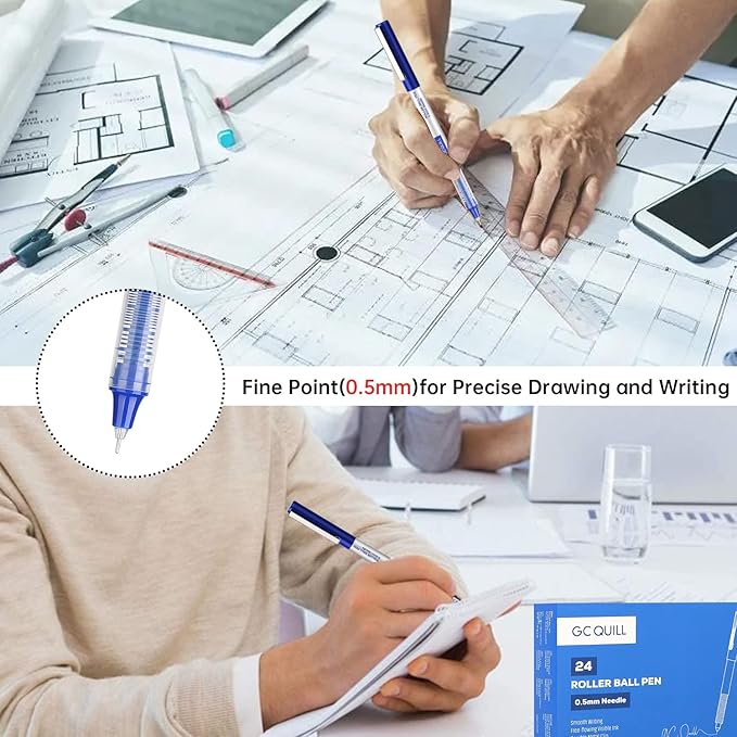 GC QUILL 48 Rollerball Pens 0.5mm Needle Point Black Liquid Ink Pens 24 and Blue Liquid Ink Pens 24 for Bullet Journaling, Office Supplies for Writing, Taking Notes & Sketching BKL48