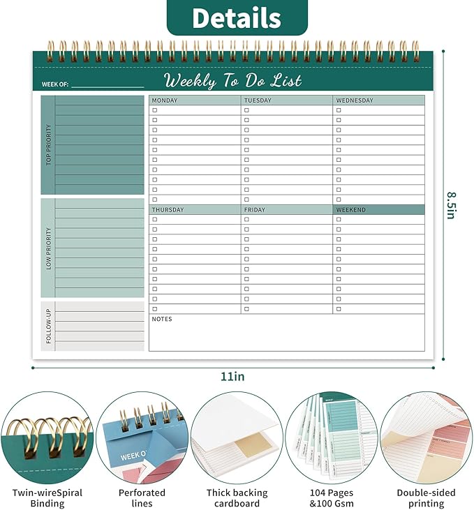 Weekly To Do List Notepad, 52 Undated Sheets 100 GSM（8.5"×11") Duplex-Printed Weekly Desk Planner For Work Home School Office Desk Accessories Supplies & Goal Setting Tasks - Green