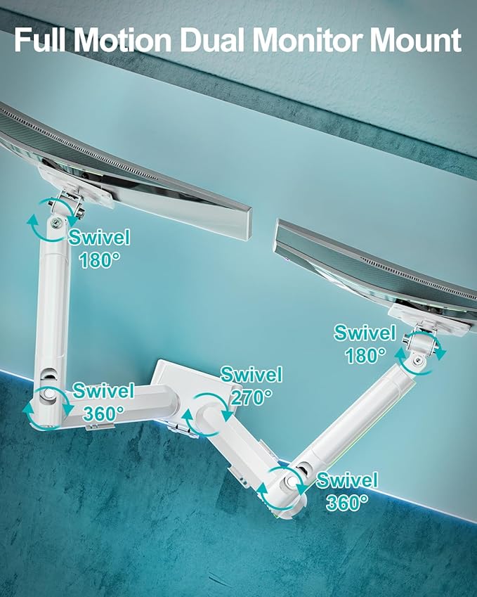 Dual Monitor Mount for 2 Monitors up to 32 inches, Height Adjustable Gas Spring Double Monitor Stand, Two Display Desk Mount Holder, Each Monitor Arm Holds Max 22lbs, VESA Mount, White, Freelift Pro