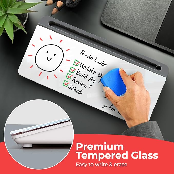 Chalkola Glass Desktop Whiteboard with Storage - Dry Erase Board, Work Desk Organizers, Computer Keyboard Stand, Home Office Desk Accessories, Small White Board, Workspace Desktop Buddy + 3 Markers