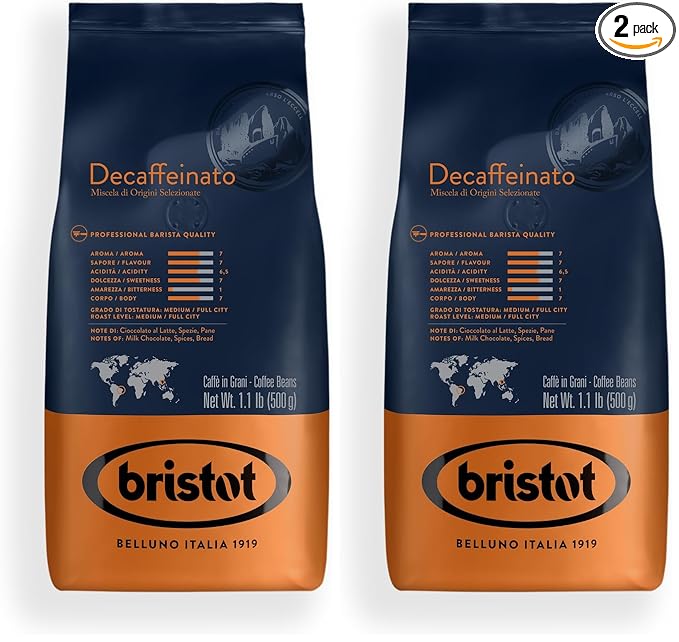 Bristot Decaf Italian Coffee Beans – Medium Roast Whole Espresso Beans – Smooth & Rich Flavor – 1.1 lb (500g) Bag – Roasted in Italy (Pack of 2)