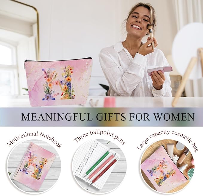 Personalized Gifts Monogrammed Birthday Gifts for Women, Bridesmaid Bachelorette Party Christmas Initial 20 oz Tumbler, Makeup Bag Cup Ballpoint Pens Journal Notebook 6 Set, (Aesthetic Pink Flower H)