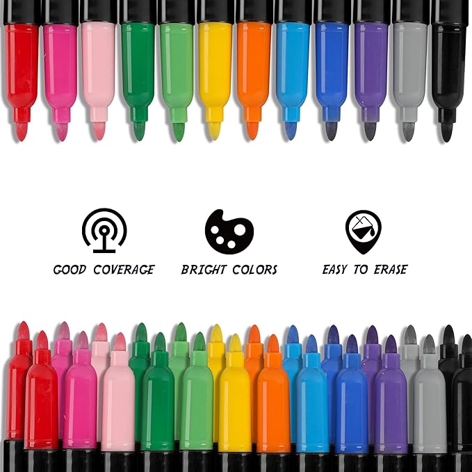 Dabo&Shobo Wet Erase Markers, 36-Count Smudge-Free, 12 Colors Fine Tip, Erases with Water! Low Odor Markers for Office, School & Home
