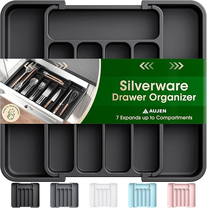 Aujen Silverware Organizer - Expandable Kitchen Drawer Organizer, Adjustable Utensil Organizer, Cutlery Tray for Forks, Knives, Multipurpose Kitchen Organizers and Storage Solution, Black, Medium