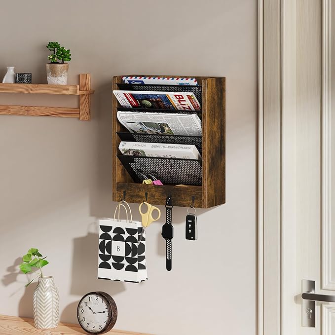 Wall File Organizer with 4 Hooks,5 Tier Vertical Hanging Wall Mount File Holder,Desk File Organizer,Desktop Mail Paper Folder Holder Rack with Bottom Tray for Office and Home