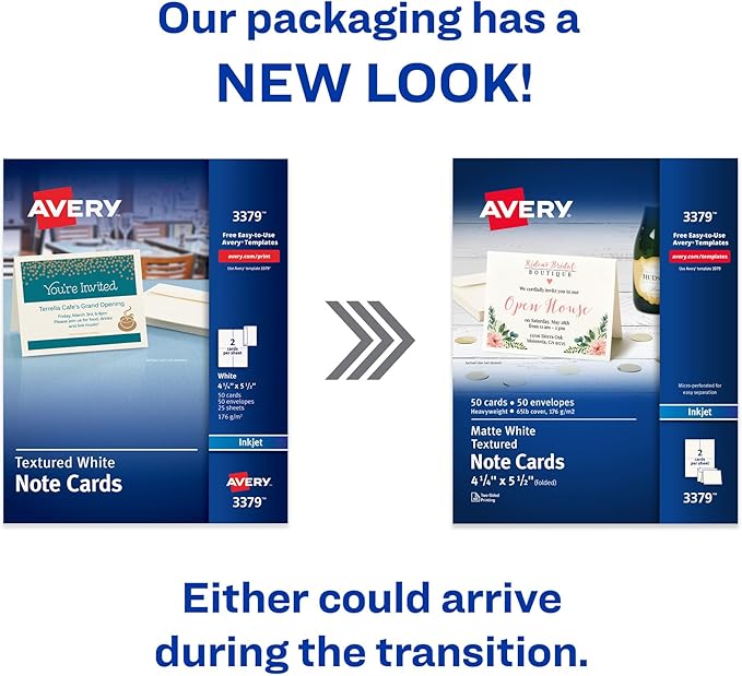 Avery Printable Note Cards with Envelopes, 4.25" x 5.5", Textured White, 50 Blank Note Cards for Inkjet Printers (03379)