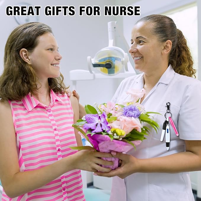 Sherr 25 Sets Retractable Nurse Pens with Mini Highlighter Permanent Marker Keychain Clip Badge Reel Pen Accessories for Nursing Students Medical Staff Office Stocking Stuffer Gift(Black Pink)