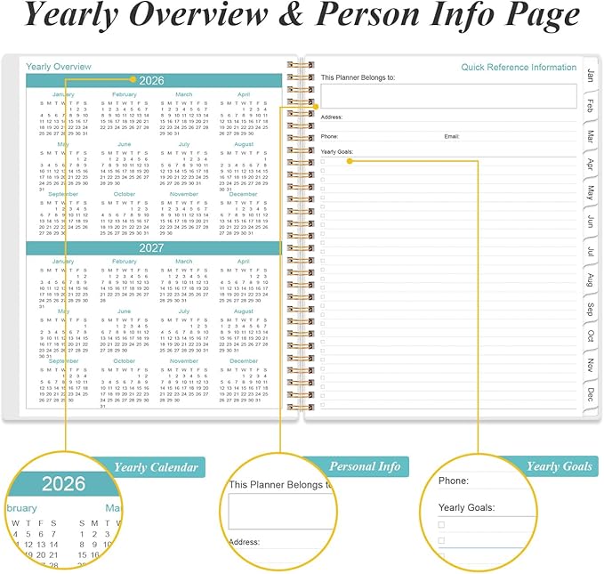 2026 Planner - Weekly Monthly Planner 2026 from January 2026 to December 2026 with 12 Monthly Tabs, Flexible Cover, Inner Pocket, 8.5" x 11", Blue Leaf Flower