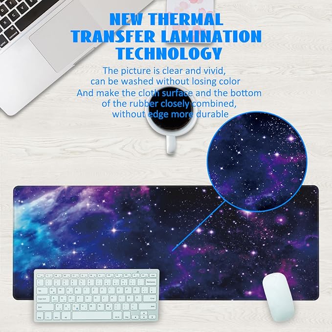 Desk Mat, Galaxy Nebula Universe Space Extended Gaming Mouse Pad Large, Big Mouse Pad with Non-Slip Base and Stitched Edge, Long Computer Keyboard Mouse Mat for Home Office