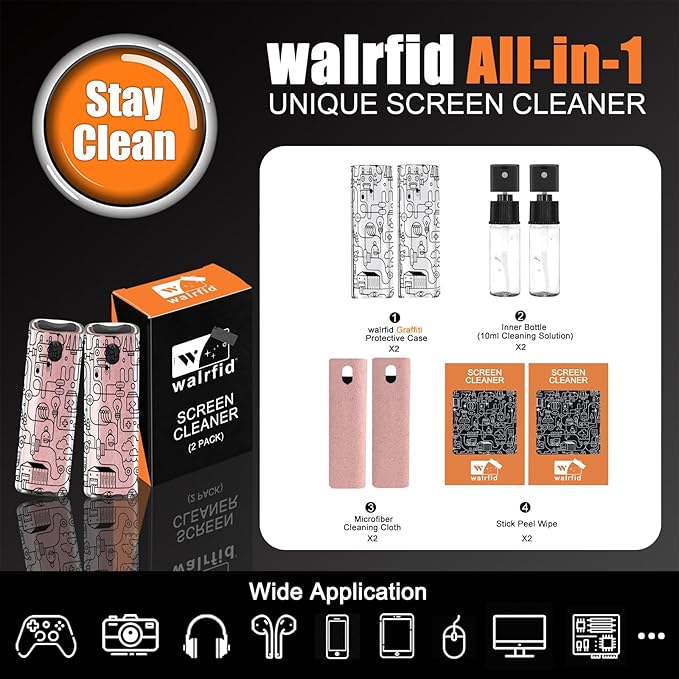walrfid 2pcs Car Screen Cleaner, Computer Screen Cleaner Spray and Wipe, Laptop Cleaning Mist Kit for Electronic iPad, iPhone, Phone, MacBook, TV, Monitor, Tablet Display, with Graffiti Case, Pink