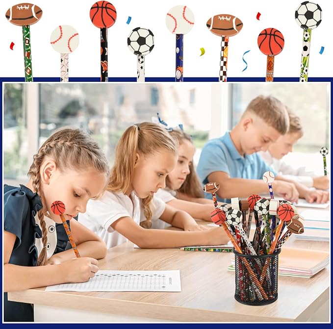 48 Pcs Sports Pencils and Erasers for Boys Girls Sports Birthday Gifts Assortment Stationery Pencils for Students Office School Classroom Supplies.