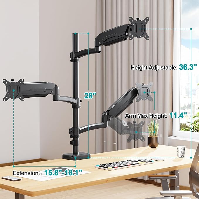 MOUNT PRO Triple Monitor Mount for Max 32" Computer Screen, Adjustable 3 Monitor Desk Mount, up to 17.6lbs Each, Gas Spring Three Display Arm with Tilt Swivel Rotation, VESA Mount 75x75/100x100mm