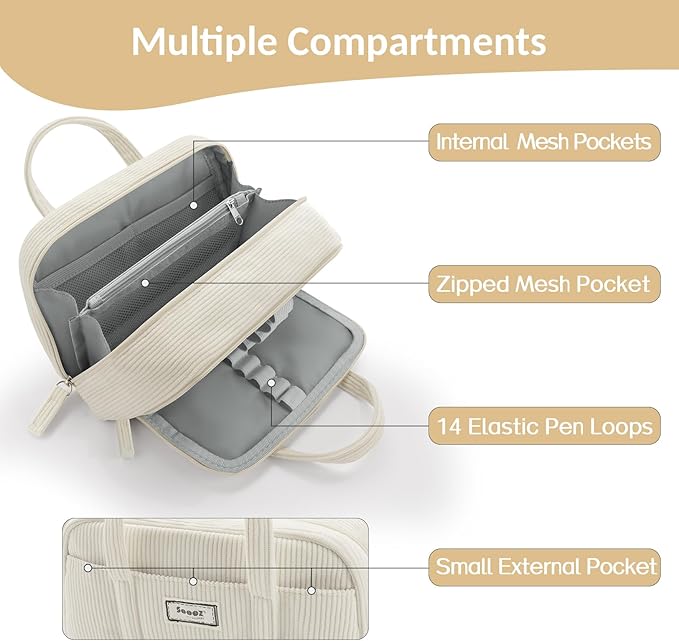 Sooez Large Pencil Case Pouch, Extra Big Pencil Bag with 5 Compartments, Pen Bag Wide Opening, Soft Corduroy Pencil Pouch Organizer with Zipper, Cute Aesthetic School Supplies for Teen Girls-Blue