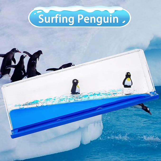 Honsheng Unsinkable Surfing Penguin Liquid Wave Paperweight Desk Sensory Toy Gifts for Kids Desk Stress Relievers for Adults