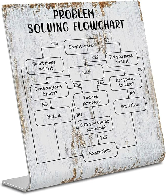 Problem Solving Flowchart Definition Plaque Desk Decor Office Shelf, Funny Work Colleague Gifts for Men Women Engineer, Accountant, Christmas Birthday Humorous Gift Idea for Boss XUV111