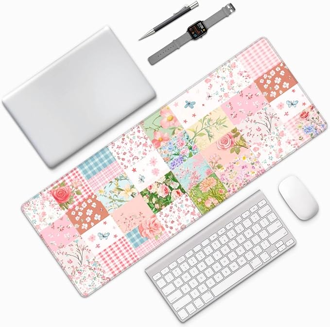 Patchwork Mouse Pad 31.5 X 11.8 Inch Big Desk Rubber Base Stitched Edges Keyboard Pad XXL Mouse Mat for Home Game and Office