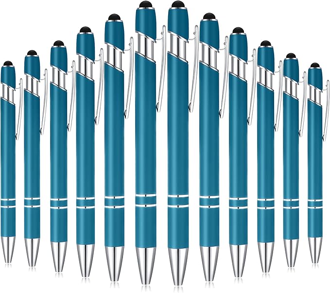 Tenare 12 Pieces 2 in 1 Stylus Metal Ballpoint Pen with Stylus Tip, 1.0 mm Black Ink Ballpoint Pen for Touch Screens(Blue-green)
