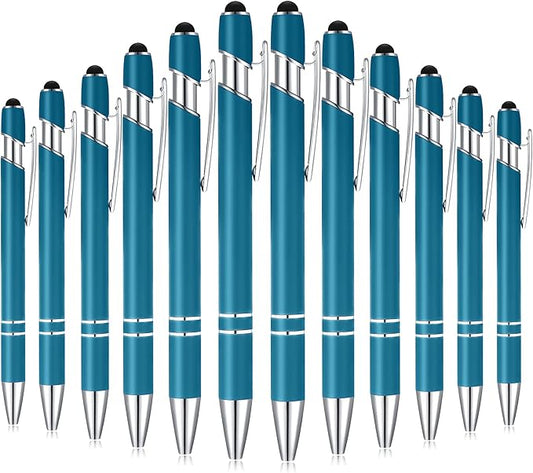 Tenare 12 Pieces 2 in 1 Stylus Metal Ballpoint Pen with Stylus Tip, 1.0 mm Black Ink Ballpoint Pen for Touch Screens(Blue-green)