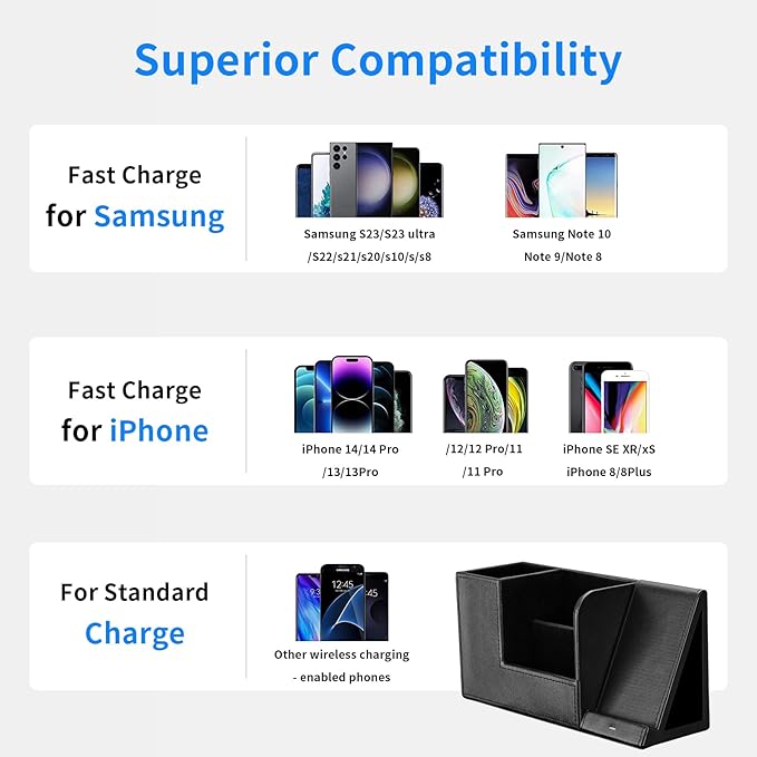 Wireless Charger with Desk Organizer, Fast Charging Station for iPhone 15 14 13 12 11 Pro Max/Samsung Galaxy S23/S22/S21/S20/Z Flip/Fold 5, Desk Phone Charger Stand Office Desktop Organizer Leather