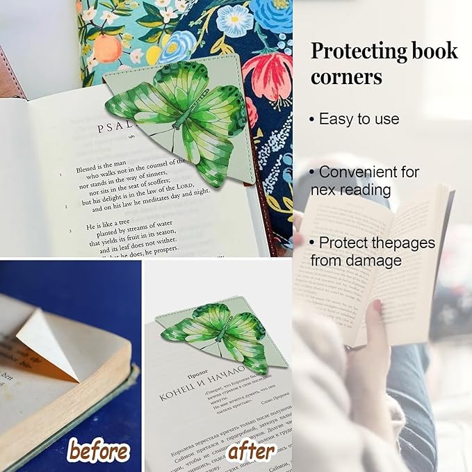 Leather Butterfly Corner Bookmarks, Cute Square Page Book Marks for Women Girls Kids 4 Pcs Book Accessories for Book Lovers（Butterfly）