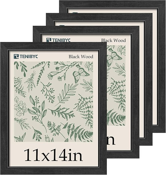 11x14 Picture Frame 4 Pack - Black Solid Wood Poster Photo Frame - Tempered Glass - Woodgrain Series - Room, Office, Gallery, Studio Display - Wall Hanging