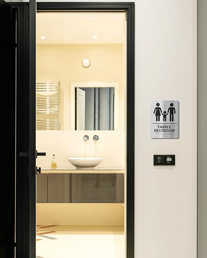 ADA-Compliant Family Restroom Sign with Braille – Modern Aluminum Bathroom Sign for Public Facilities, Airports, Malls, Restaurants, and Offices, Easy Installation - 6" W x 8" H