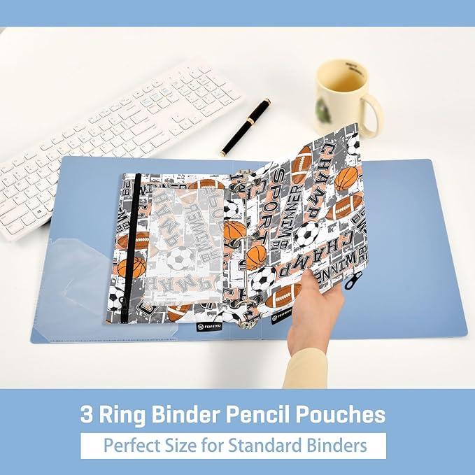 ZAZYXTJ Basketball Football Ball Binder Pencil Pouchs 3 Ring with Zipper Clear Window Office Organizers bag for School Students Teacher Supplies 2 Pack