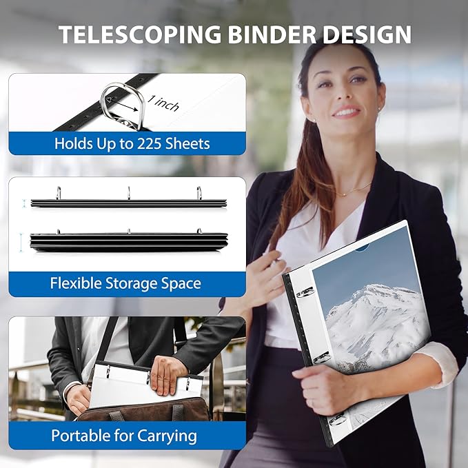 12 Pack Telescoping 3 Ring Binder 1 Inch, Flexible Thin Binder with Customized Front Cover, Holds Up 225 Sheets, School Office Supplies, White