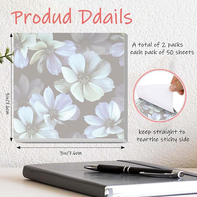 Sticky Notes 3x3 Inches, 2 Pads Cute Colorful Self-Stick Note Pads, Easy to Post for Home, Office and Daily Life Organization Luxuious Blue Flowers