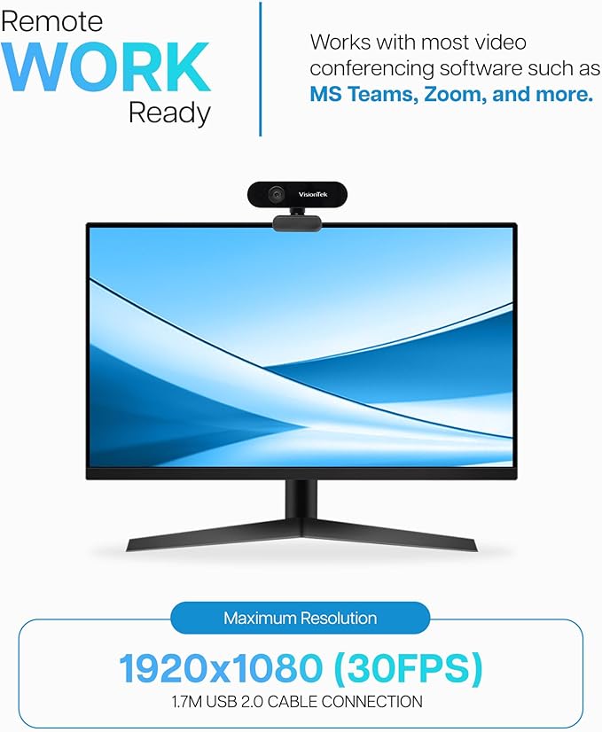 VisionTek VTWC30 Premium Full HD (1080P 30FPS) Webcam, for Windows, Mac, Linux, & Chromebook with Digital Dual Microphones, Manual Focus Lens, Privacy Cover, 83-Degree Viewing Angle