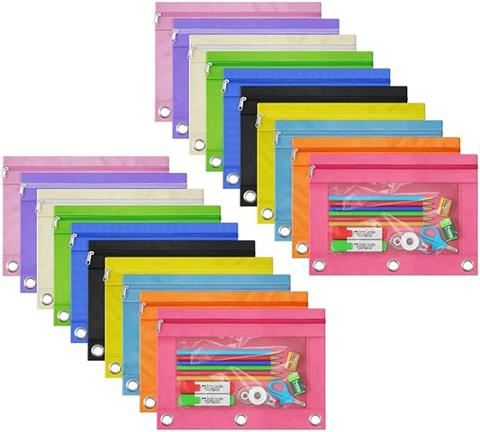 DoDoMagxanadu Binder Pencil Pouches, Pencil Pouch for 3 Ring Binder with Zipper Pulls, Clear Window Pencil Case for Binder, Zipper Pencil Pouches with Rivet Enforced 3 Ring, 20 Pack, 10 Color