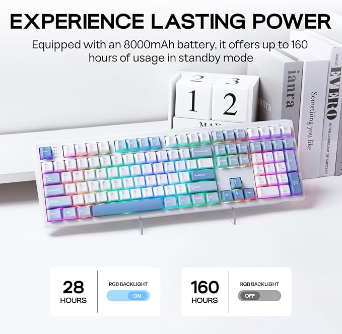 EPOMAKER TH108 Full Size Mechanical Keyboard, Wireless Gaming Keyboard with 8000mAh Battery, Creamy Gasket, 108 Keys, Hot Swap, Custom Driver, RGB Backlight (Blue&White, Sea Salt Silent)