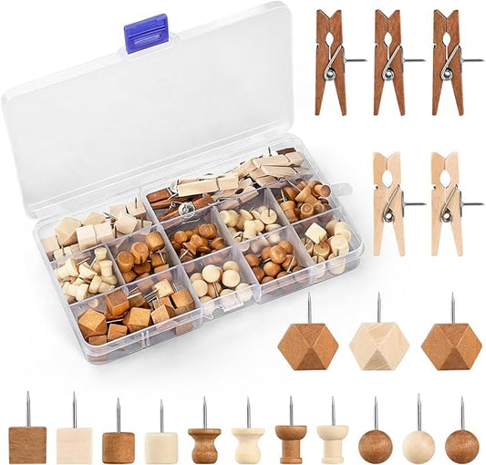 114Pcs Decorative Push Pins in 7 Types and 2 Colors Wooden Push Pins Cute Thumb Tacks Clips for Cork Board Bulletin Board Wall Cubicle Crafts for Office Classroom Farmhouse with Storage Box